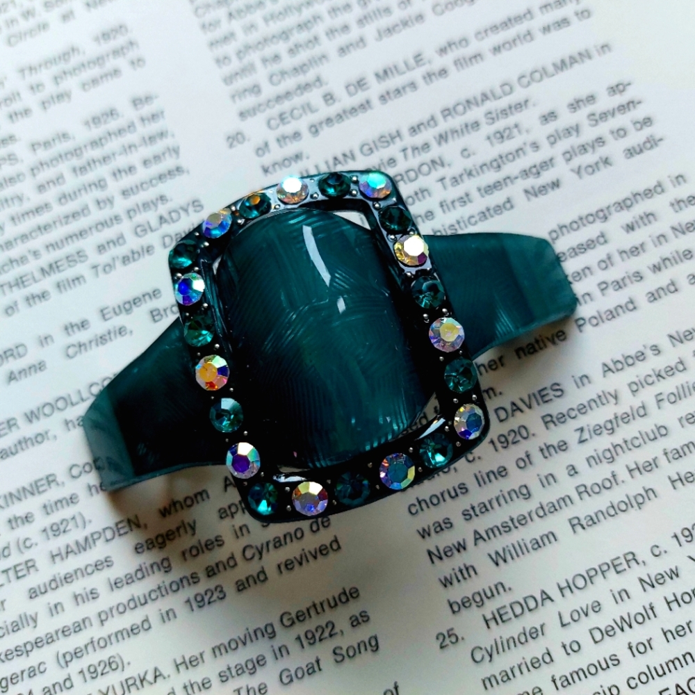 Vintage Barrette Hair Bobby Pin Clip Paris Green Lucite Rhinestones 1990s